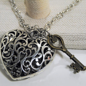 Silver Filigree Heart Bronze Key Copper Chain - 880